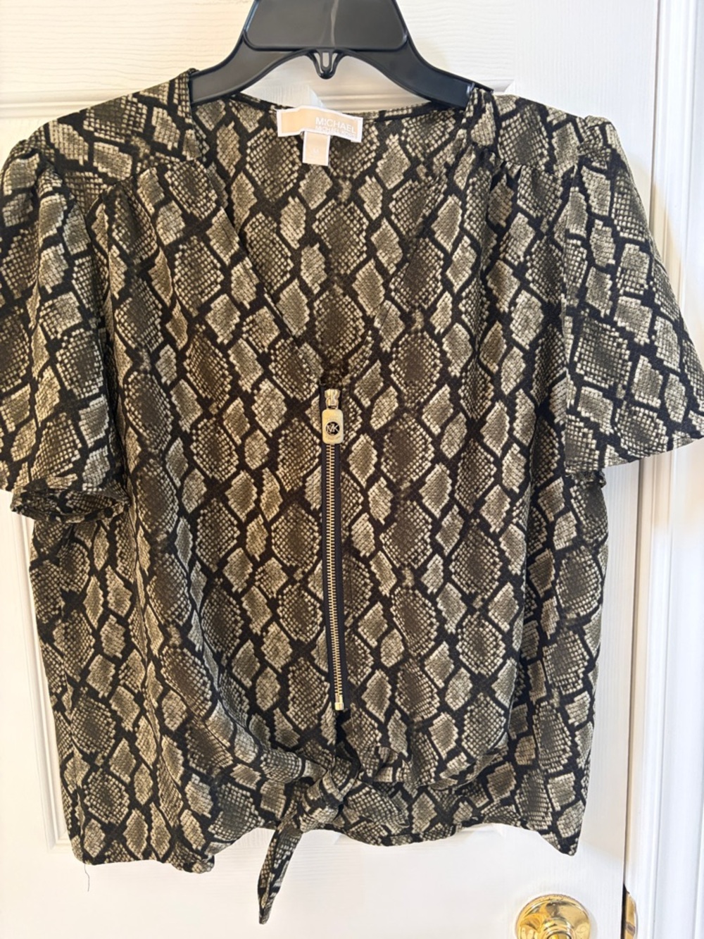 Michael Kors Snake-Print Zip Front Tie Hem Blouse in Black and Tan